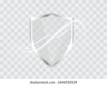 White glass shield. Glass protection shield with white glowing effect on a transparent background. Secure object. Realistic 3d vector illustration