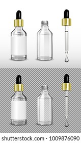 White glass transparent bottle. Gold cap with dropper.