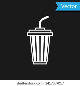White Glass with water icon isolated on black background. Soda drink glass with drinking straw. Fresh cold beverage symbol. Vector Illustration