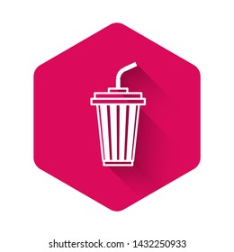 White Glass with water icon isolated with long shadow. Soda drink glass with drinking straw. Fresh cold beverage symbol. Pink hexagon button. Vector Illustration