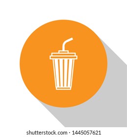 White Glass with water icon isolated on white background. Soda drink glass with drinking straw. Fresh cold beverage symbol. Orange circle button. Vector Illustration