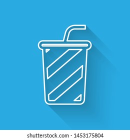 White Glass with water line icon isolated with long shadow. Soda drink glass with drinking straw. Fresh cold beverage symbol. Vector Illustration