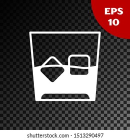 White Glass of whiskey and ice cubes icon isolated on transparent dark background.  Vector Illustration