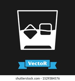 White Glass Of Whiskey And Ice Cubes Icon Isolated On Black Background.  Vector Illustration