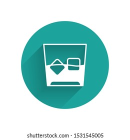 White Glass of whiskey and ice cubes icon isolated with long shadow. Green circle button. Vector Illustration