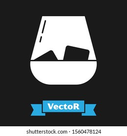 White Glass of whiskey and ice cubes icon isolated on black background.  Vector Illustration