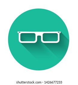 White Glasses icon isolated with long shadow. Eyeglass frame symbol. Green circle button. Vector Illustration