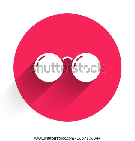 White Glasses icon isolated with long shadow. Eyeglass frame symbol. Red circle button. Vector Illustration