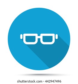 White Glasses icon on blue button isolated on white