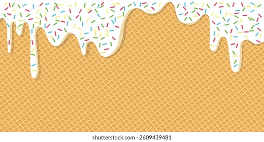 White glaze with dripping cream and colorful sprinkles melting over a waffle background. Vector illustration of sweet dessert topping. Ideal for backgrounds, packaging, or confectionery design.