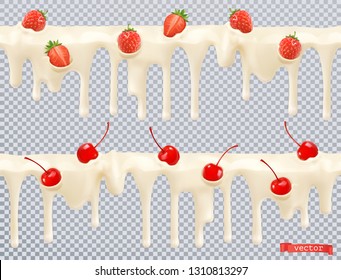 White glaze. Sweet cream with cherry, strawberry. Seamless pattern. 3d realistic vector