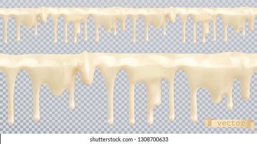 White glaze. Sweet cream. Seamless pattern. 3d realistic vector drips