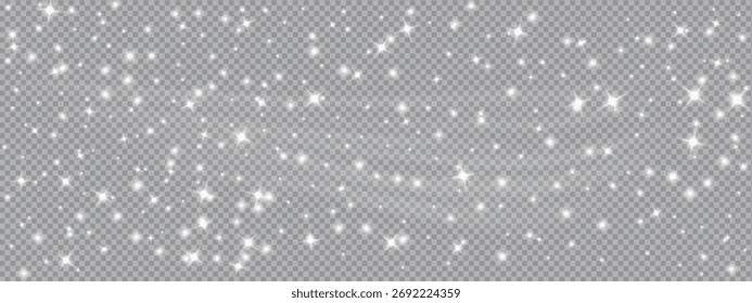 White glimmer background featuring scattered light particles, flares, and confetti elements on transparent ground. Vector magical spark texture with glowing bokeh effect.