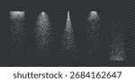 White glitter dust trails in various shapes on transparent. Falling sparkles forming rectangle, oval, triangle, trapezoid, curved silhouettes. Winter magic, snowfall effect. Vector illustrations set.