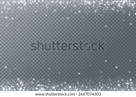 White glitter lights and glowing snow particles at the top and bottom. Sparkling frost overlay for winter holidays, Christmas, New Year, or festive cards. Remove transparent background in vector file.