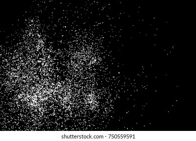 White glitter texture isolated on black. White particles color. Holiday Celebration background, sparkles explosion of confetti for cards design. Vector.
