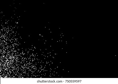 White glitter texture isolated on black. White particles color. Holiday Celebration background, sparkles explosion of confetti for cards design. Vector.