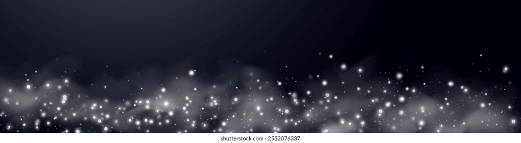 Weiße glitzernde Punkte, Teilchen, Sterne, magische Funken. Staubwolken-Fackellichteffekt. Silber leuchtende Punkte mit Rauch. Vektorpartikel auf schwarzem Hintergrund