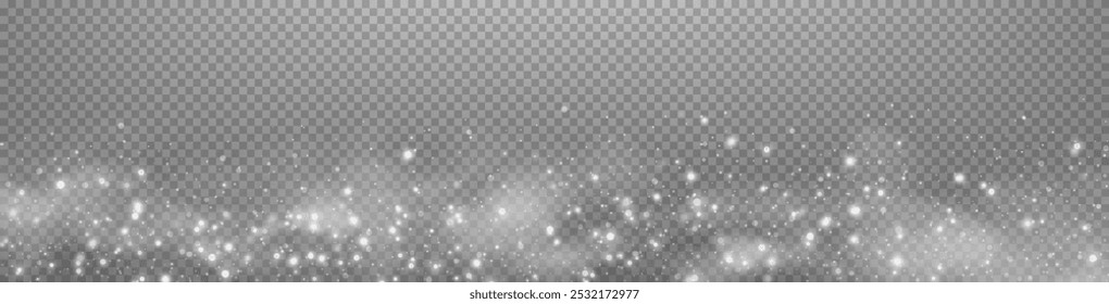 White glittering dots, particles, stars magic sparks. Dust cloud flare light effect. Silver luminous points with smoke. Vector particles on transparent background