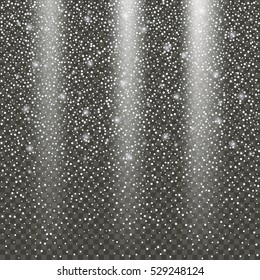 White glittering snow on transparent, plaid background.