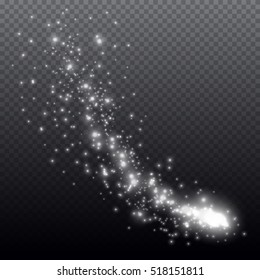 White glittering star dust trail sparkling particles on transparent background. Magic glittering path. Vector glamour fashion illustration.