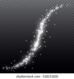 White glittering star dust trail sparkling particles on transparent background. Magic glittering path. Vector glamour fashion illustration.