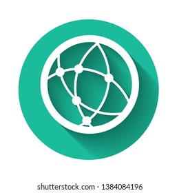 White Global technology or social network icon isolated with long shadow. Green circle button. Vector Illustration