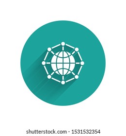 White Global technology or social network icon isolated with long shadow. Green circle button. Vector Illustration