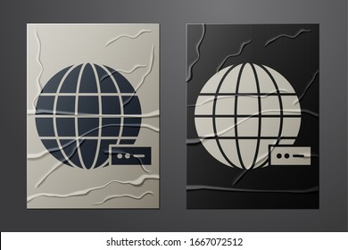 White Global technology or social network icon isolated on crumpled paper background. Paper art style. Vector Illustration