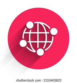 White Global technology or social network icon isolated with long shadow background. Red circle button. Vector