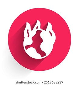 White Global warming fire icon isolated with long shadow. Red circle button. Vector