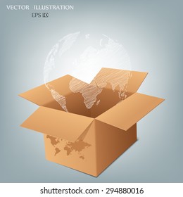 White globe in a cardboard box. Doodle, handwriting. Vector illustration