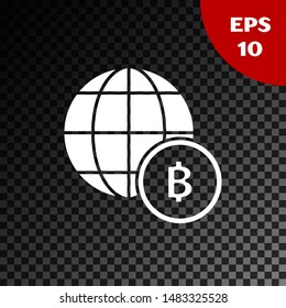 White Globe and cryptocurrency coin Bitcoin icon isolated on transparent dark background. Physical bit coin. Blockchain based secure crypto currency.  Vector Illustration