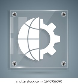 White Globe of the Earth and gear or cog icon isolated on grey background. Setting parameters. Global Options. Square glass panels. Vector Illustration