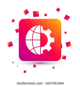 Globe blanco de la Tierra y icono de engranaje o cog aislado en fondo blanco. Estableciendo parámetros. Opciones globales. Botón Color cuadrado.  Ilustración vectorial