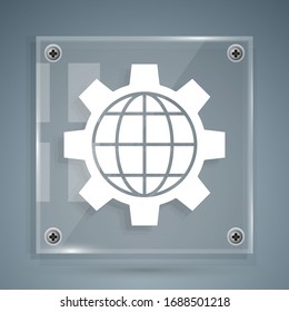 White Globe of the Earth and gear or cog icon isolated on grey background. Setting parameters. Global Options. Square glass panels. Vector Illustration