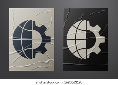 White Globe of the Earth and gear or cog icon isolated on crumpled paper background. Setting parameters. Global Options. Paper art style. Vector Illustration