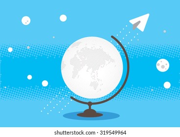 white globe earth with paper airplane line concept illustration background vector