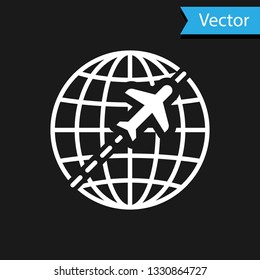 White Globe with flying plane icon isolated on black background. Airplane fly around the planet earth. Aircraft world icon. Vector Illustration