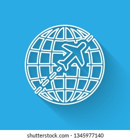 White Globe with flying plane icon isolated with long shadow. Airplane fly around the planet earth. Aircraft world icon. Vector Illustration