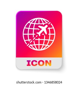 White Globe with flying plane icon isolated on white background. Airplane fly around the planet earth. Aircraft world icon. Rectangle color button. Vector Illustration