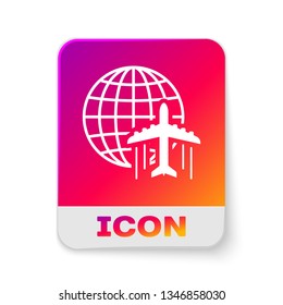 White Globe with flying plane icon isolated on white background. Airplane fly around the planet earth. Aircraft world icon. Rectangle color button. Vector Illustration