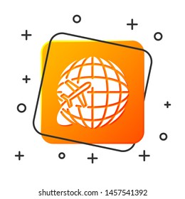 White Globe with flying plane icon isolated on white background. Airplane fly around the planet earth. Aircraft world icon. Orange square button. Vector Illustration