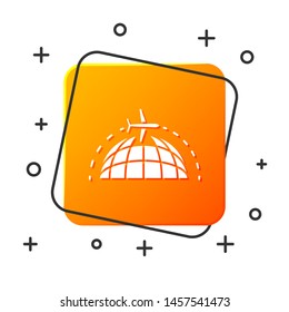 White Globe with flying plane icon isolated on white background. Airplane fly around the planet earth. Aircraft world icon. Orange square button. Vector Illustration