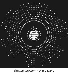 White Globe with flying plane icon isolated on grey background. Airplane fly around the planet earth. Aircraft world icon. Abstract circle random dots. Vector Illustration