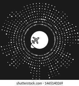 White Globe with flying plane icon isolated on grey background. Airplane fly around the planet earth. Aircraft world icon. Abstract circle random dots. Vector Illustration
