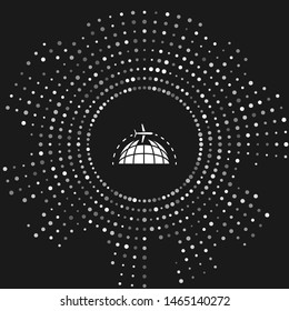 White Globe with flying plane icon isolated on grey background. Airplane fly around the planet earth. Aircraft world icon. Abstract circle random dots. Vector Illustration