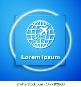 White Globe with flying plane icon isolated on blue background. Airplane fly around the planet earth. Aircraft world icon. Blue square button. Vector Illustration
