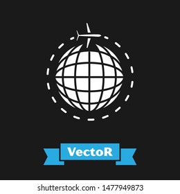 White Globe with flying plane icon isolated on black background. Airplane fly around the planet earth. Aircraft world icon.  Vector Illustration