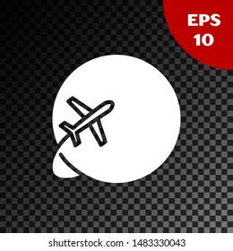 White Globe with flying plane icon isolated on transparent dark background. Airplane fly around the planet earth. Aircraft world icon.  Vector Illustration
